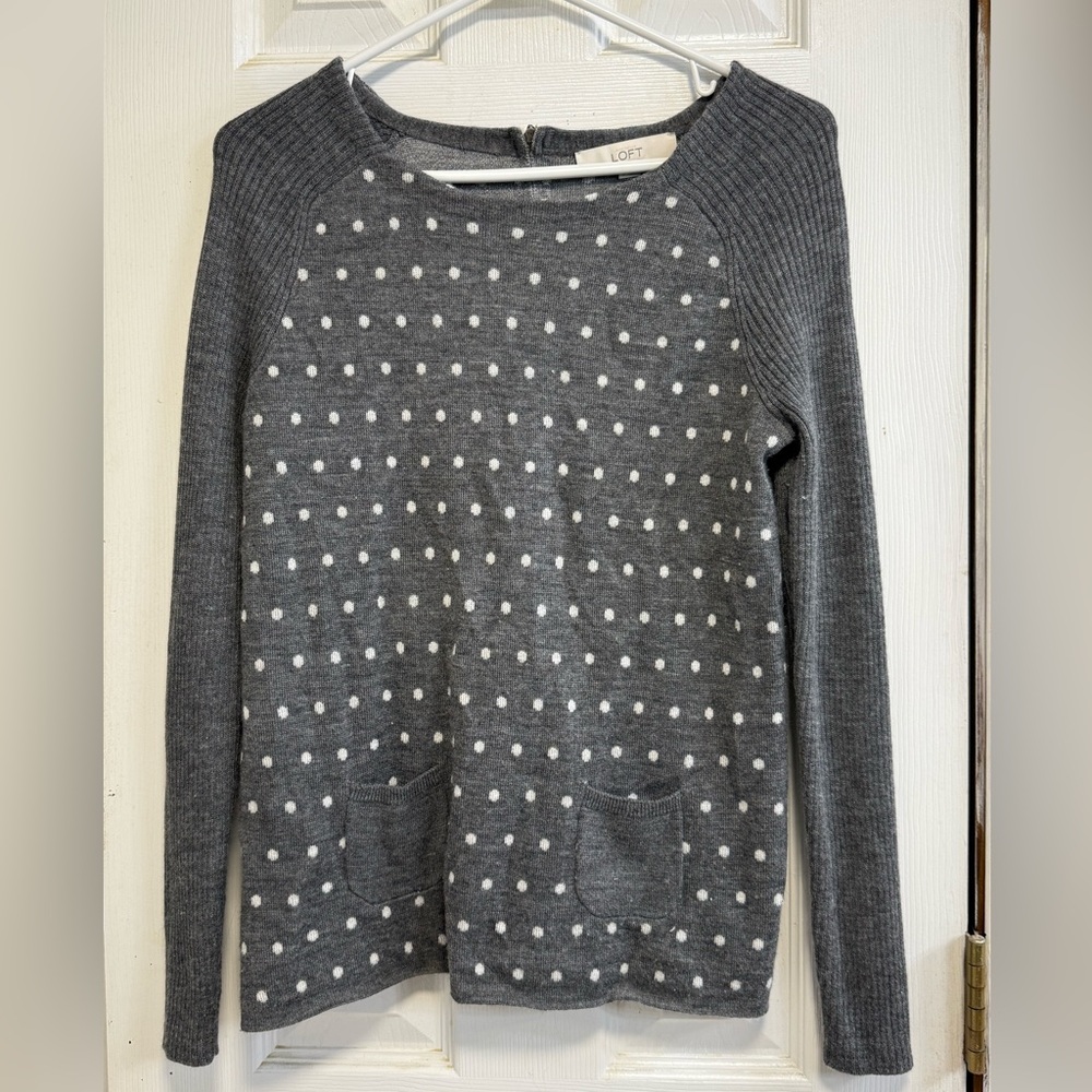 LOFT Charcoal and White Polka Dot Sweater